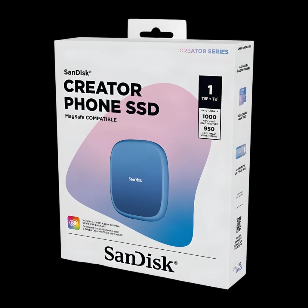 SSD Portable SanDisk Creator Phone 1 To IP65 USB-C USB 3.2 Gen 2 Bleu, boîte: emballage avant avec spécifications 1000 Mo/s