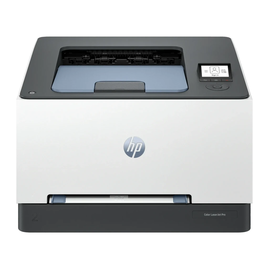 Impresora láser HP Color LaserJet Pro 3202dn Dúplex, vista frontal: panel táctil, bandeja de salida abierta y logo HP