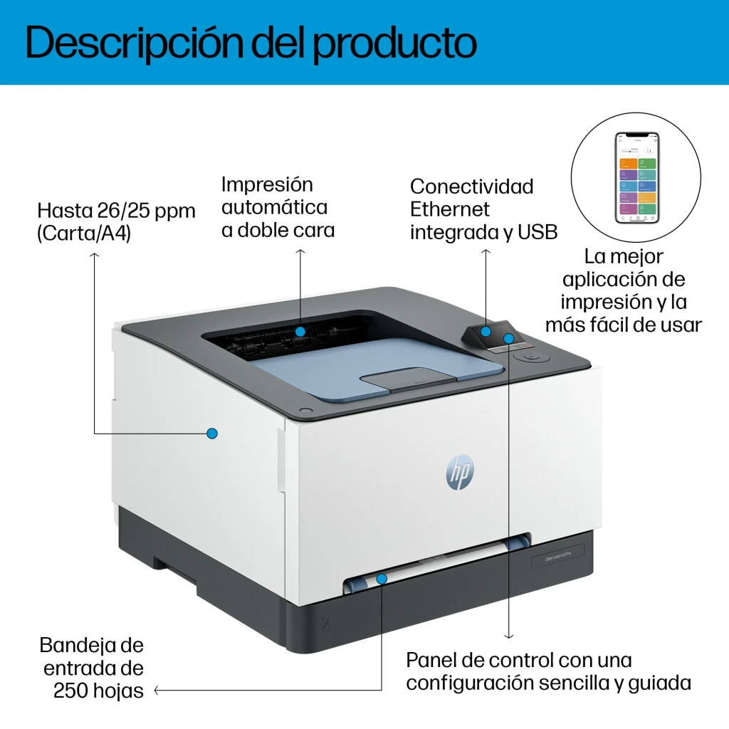 Impresora láser HP Color LaserJet Pro 3202dn Dúplex, infografía: velocidad 26ppm, dúplex, Ethernet, bandeja 250 hojas
