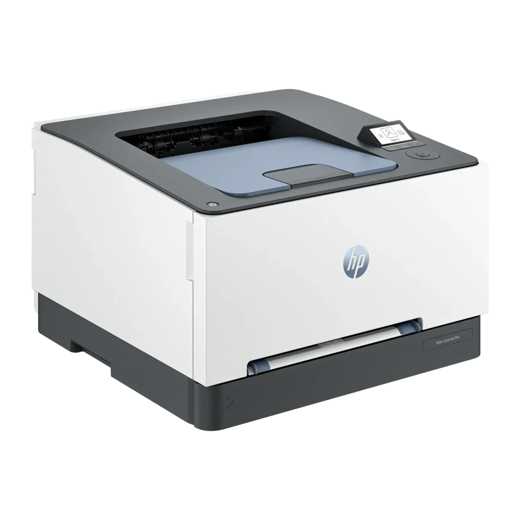 Impresora láser HP Color LaserJet Pro 3202dn Dúplex, vista en perspectiva: lateral derecho, bandeja de papel y panel