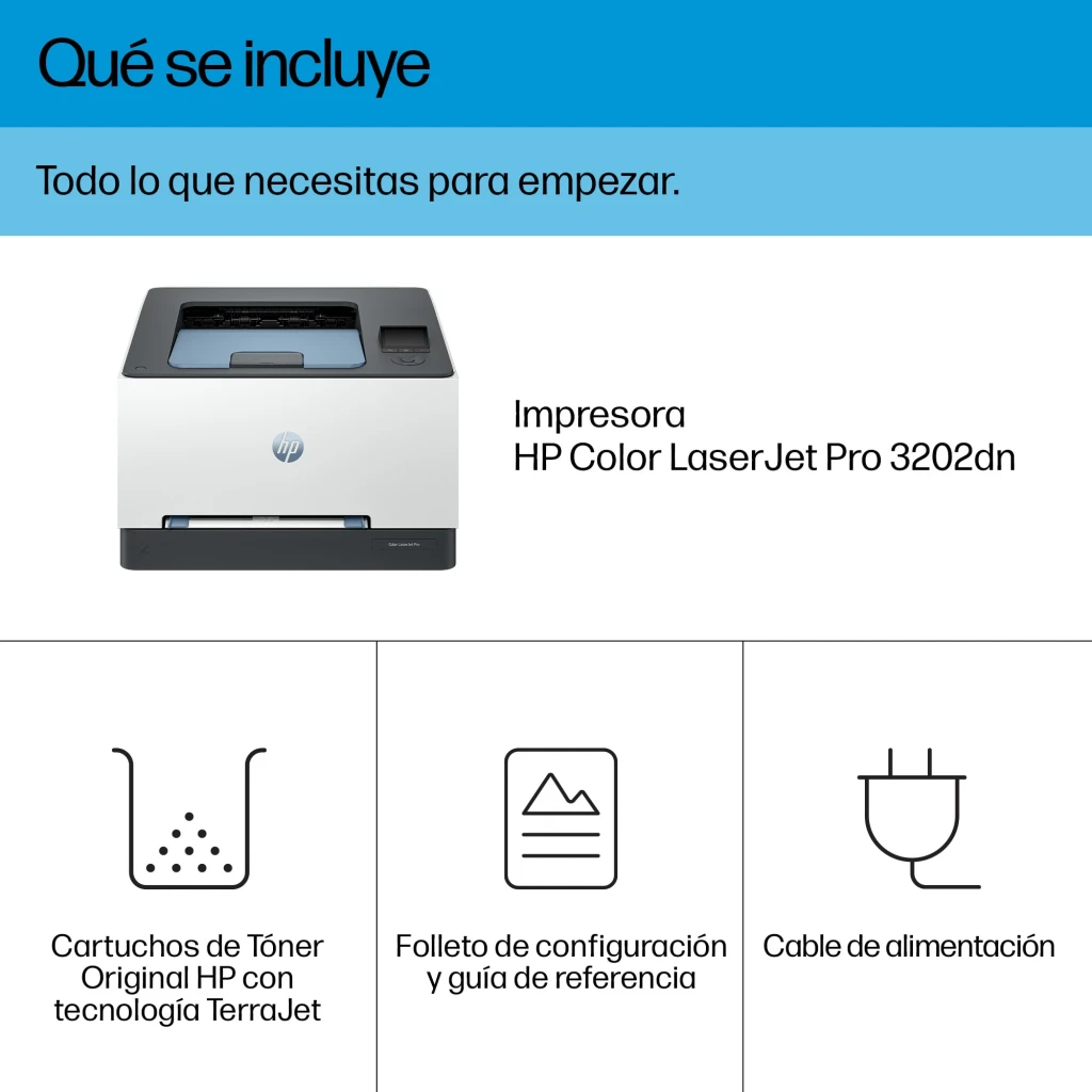 Impresora láser HP Color LaserJet Pro 3202dn Dúplex, contenido de caja: impresora, tóner TerraJet, guía y cable