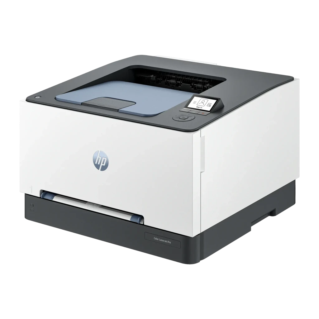 Impresora láser HP Color LaserJet Pro 3202dn Dúplex, vista en ángulo: cuerpo blanco y gris con logo HP, bandeja de entrada