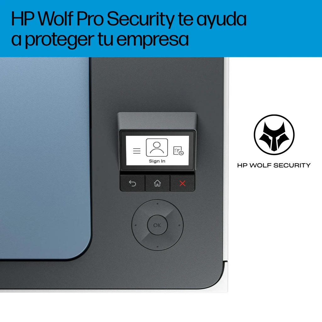 Impresora láser HP Color LaserJet Pro 3202dn Dúplex, panel de control: pantalla táctil con Sign In y logo HP Wolf Security