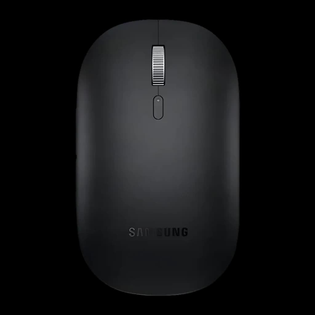 Ratón Samsung Negro Bluetooth Ergonómico EJ-M3400, vista superior: rueda plateada, botón central y logo Samsung en cuerpo