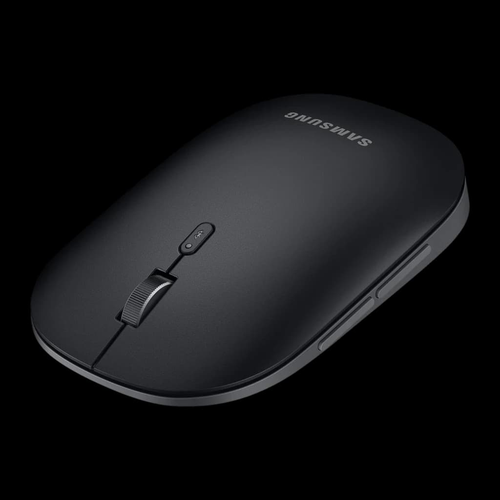 Ratón Samsung Negro Bluetooth Ergonómico EJ-M3400, vista superior en ángulo: rueda de scroll, botón de conectividad y logo