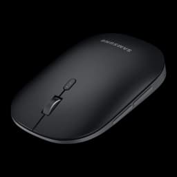 Ratón Samsung Negro Bluetooth Ergonómico EJ-M3400, vista superior en ángulo: rueda de scroll, botón de conectividad y logo