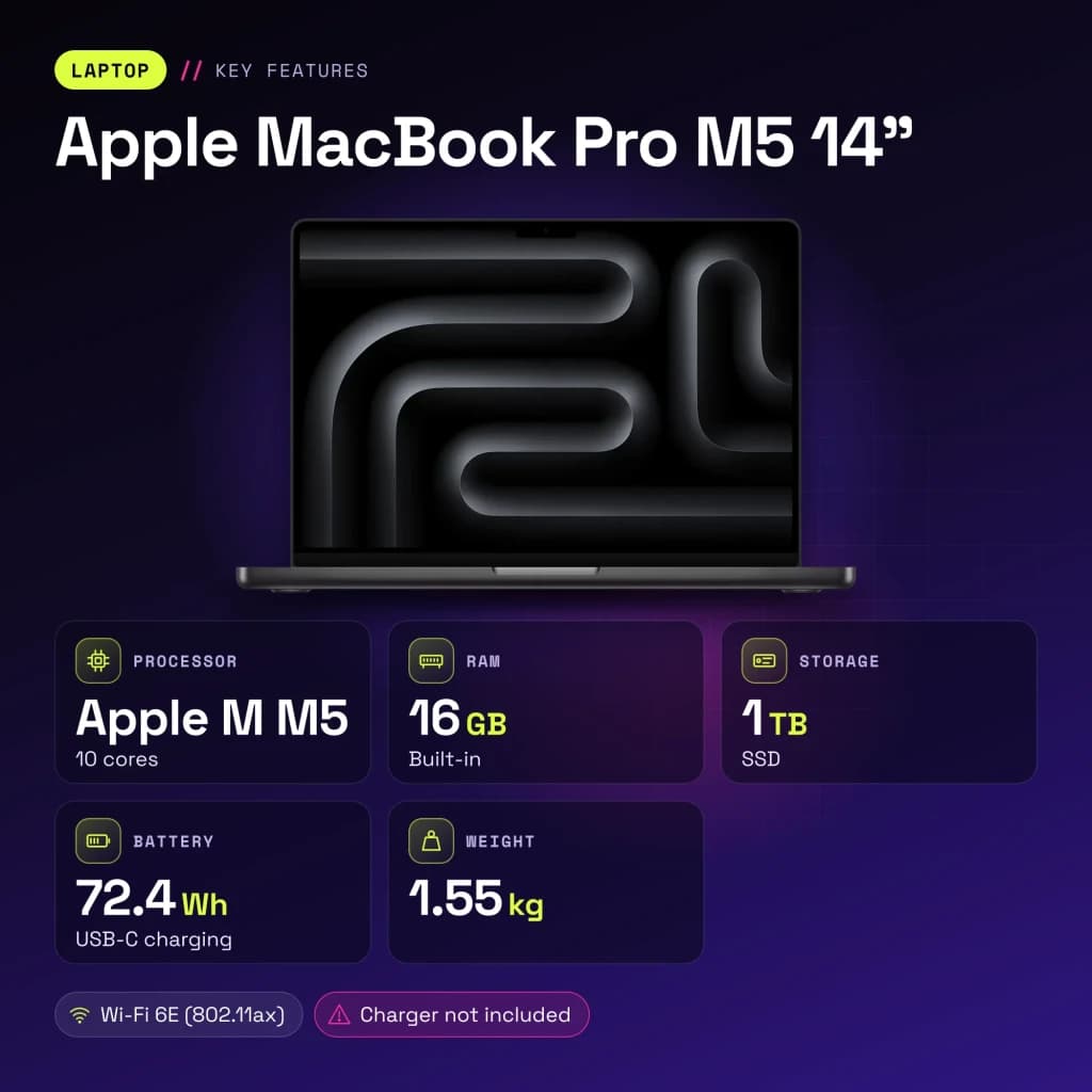 Ordinateur portable Apple MacBook Pro M5 14 pouces 16Go/1To SSD 14,2 pouces Mini LED Liquid Retina XDR macOS Tahoe Noir - caractéristiques