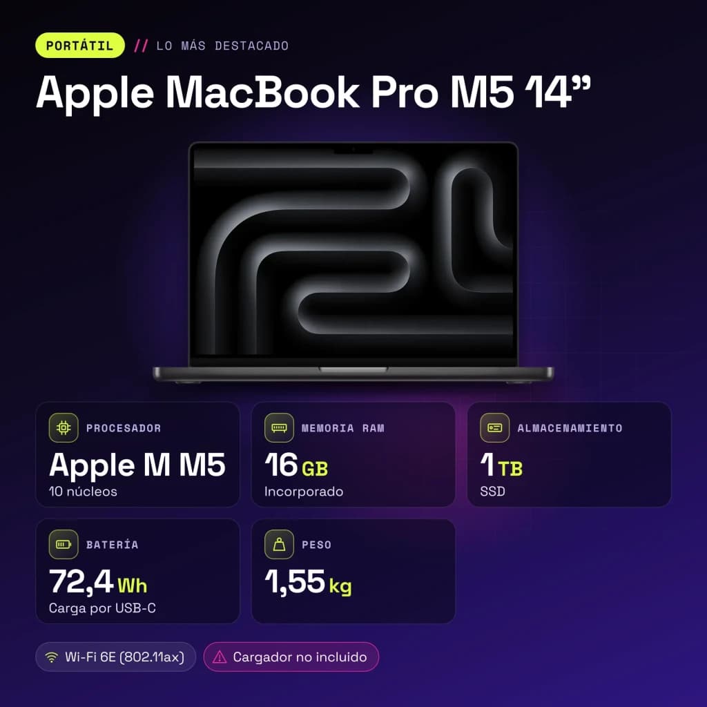 Ordinateur portable Apple MacBook Pro M5 14 pouces 16Go/1To SSD 14,2 pouces Mini LED Liquid Retina XDR macOS Tahoe Noir - caractéristiques