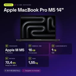 Ordinateur portable Apple MacBook Pro M5 14 pouces 16Go/1To SSD 14,2 pouces Mini LED Liquid Retina XDR macOS Tahoe Noir - caractéristiques