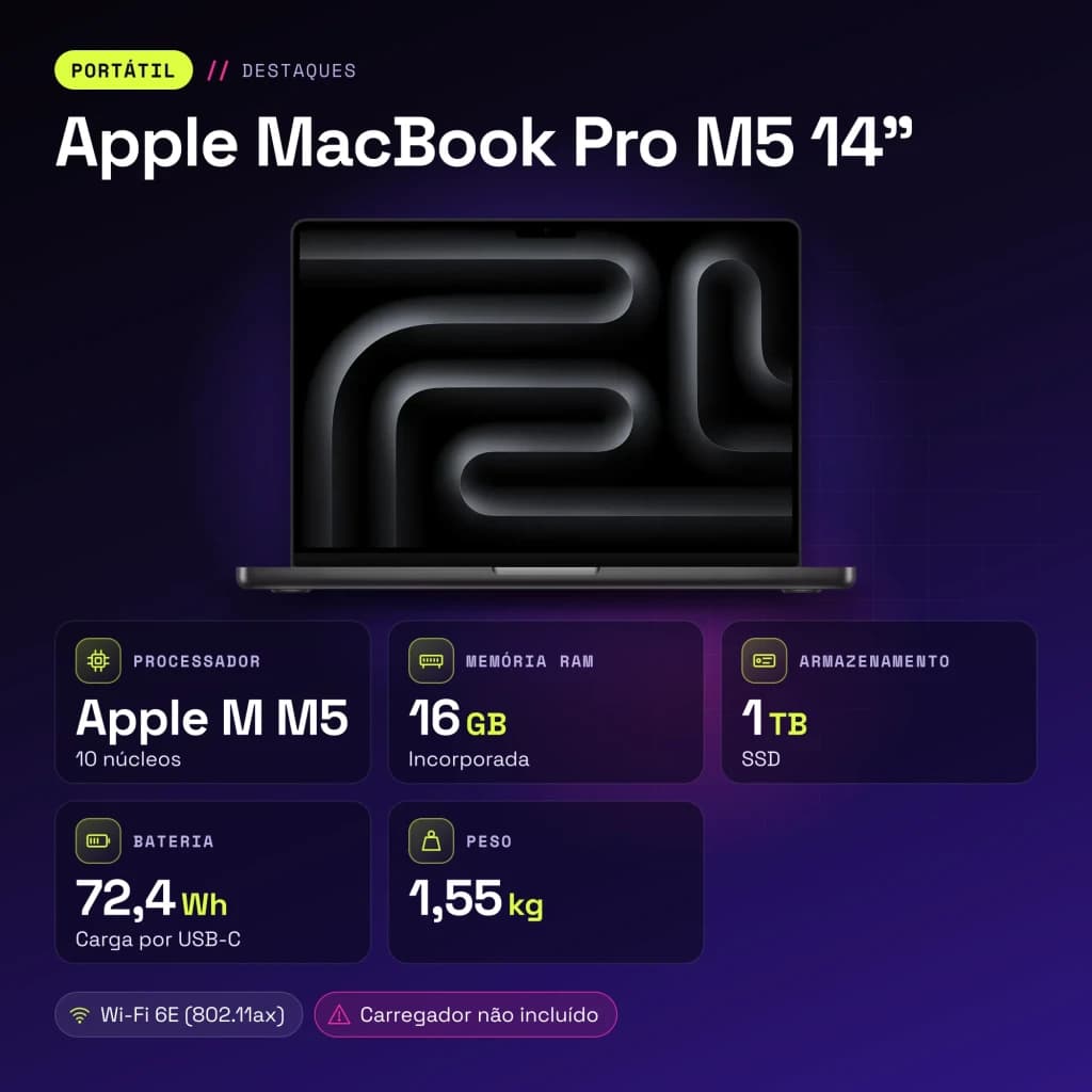 Ordinateur portable Apple MacBook Pro M5 14 pouces 16Go/1To SSD 14,2 pouces Mini LED Liquid Retina XDR macOS Tahoe Noir - caractéristiques