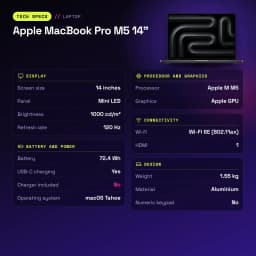 Ordinateur portable Apple MacBook Pro M5 14 pouces 16Go/1To SSD 14,2 pouces Mini LED Liquid Retina XDR macOS Tahoe Noir - caractéristiques