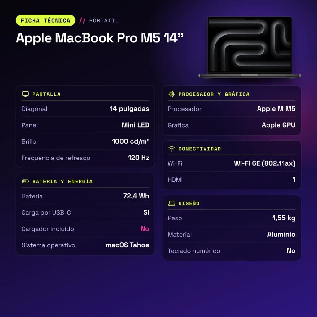 Ordinateur portable Apple MacBook Pro M5 14 pouces 16Go/1To SSD 14,2 pouces Mini LED Liquid Retina XDR macOS Tahoe Noir - caractéristiques