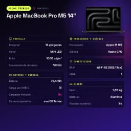 Ordinateur portable Apple MacBook Pro M5 14 pouces 16Go/1To SSD 14,2 pouces Mini LED Liquid Retina XDR macOS Tahoe Noir - caractéristiques