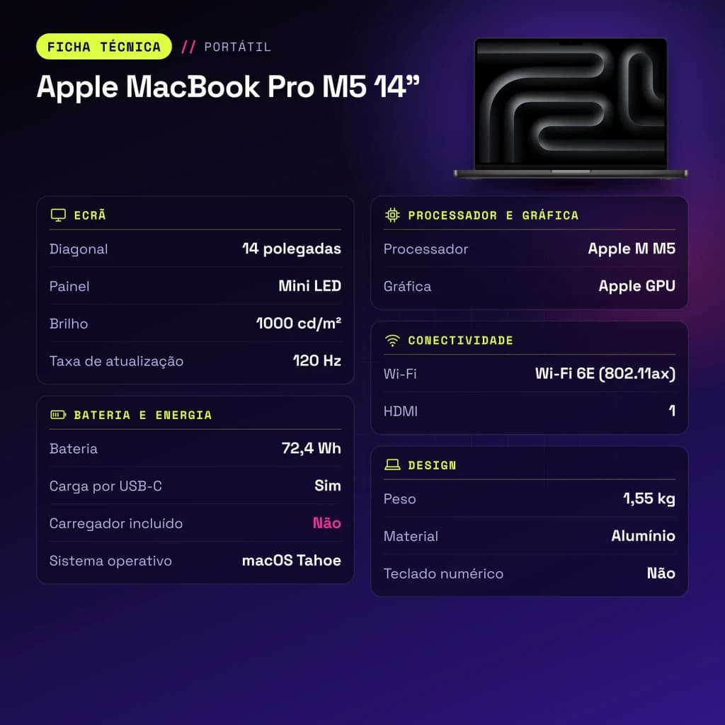 Ordinateur portable Apple MacBook Pro M5 14 pouces 16Go/1To SSD 14,2 pouces Mini LED Liquid Retina XDR macOS Tahoe Noir - caractéristiques