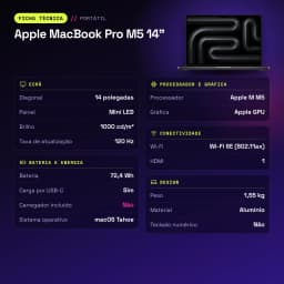 Ordinateur portable Apple MacBook Pro M5 14 pouces 16Go/1To SSD 14,2 pouces Mini LED Liquid Retina XDR macOS Tahoe Noir - caractéristiques