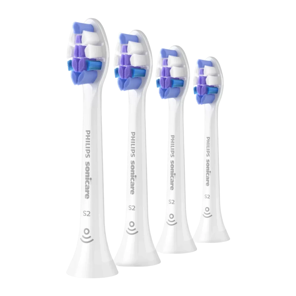 Tête de remplacement Philips Sonicare Sensitive Pack 4 Ultra-douce Click-on Blanc HX6054/87, vue en perspective: 4 têtes S2