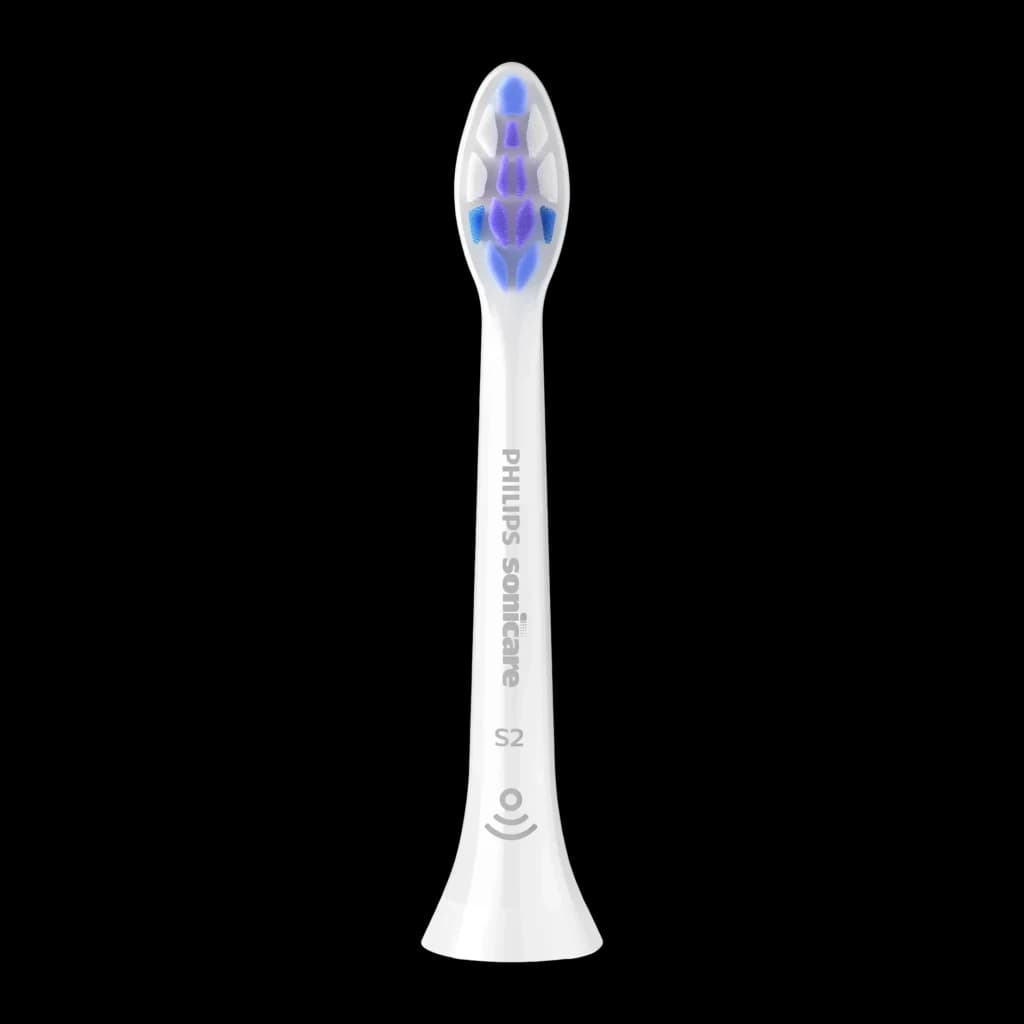 Tête de remplacement Philips Sonicare Sensitive Pack 4 Ultra-douce Click-on Blanc HX6054/87, vue de face: poils bleus