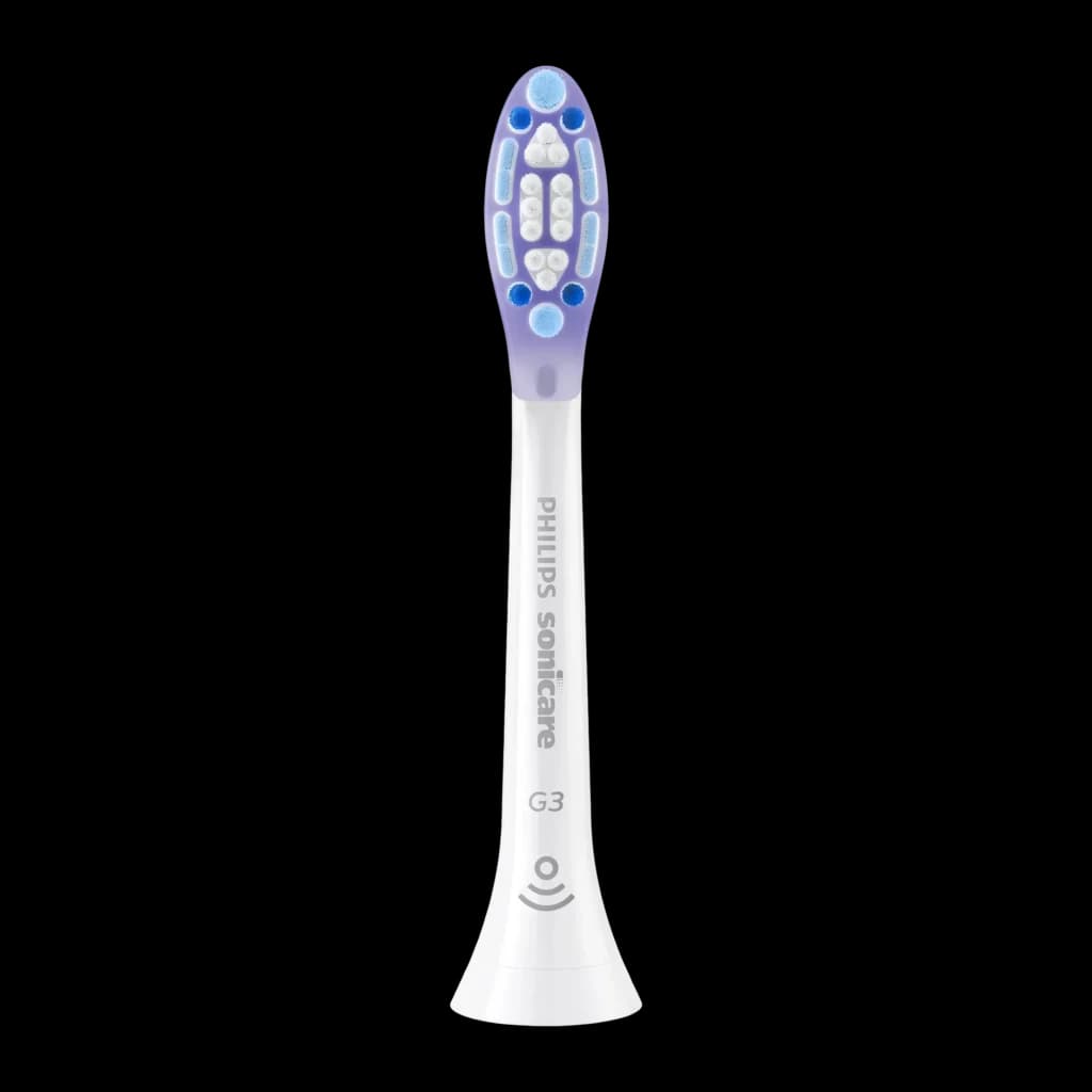 Cabeça de substituição Philips Sonicare G3 Premium Gum Care Pack 4 Branco HX9054/87, vista frontal: cerdas roxas e azuis