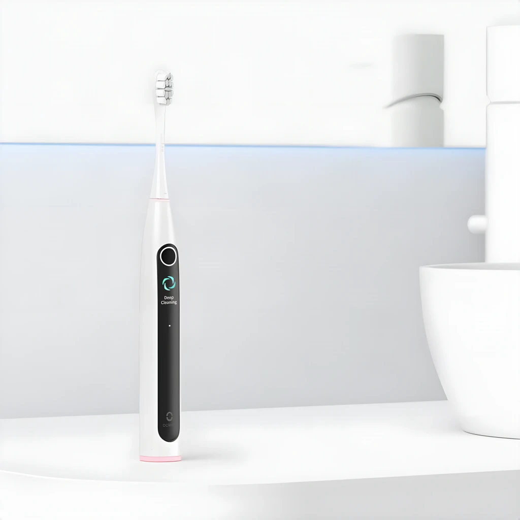 Escova Elétrica Oclean X Lite Sónica 72000 mov/min IPX7 Cinzento, vista lateral: apoiada em bancada de casa de banho, ecrã