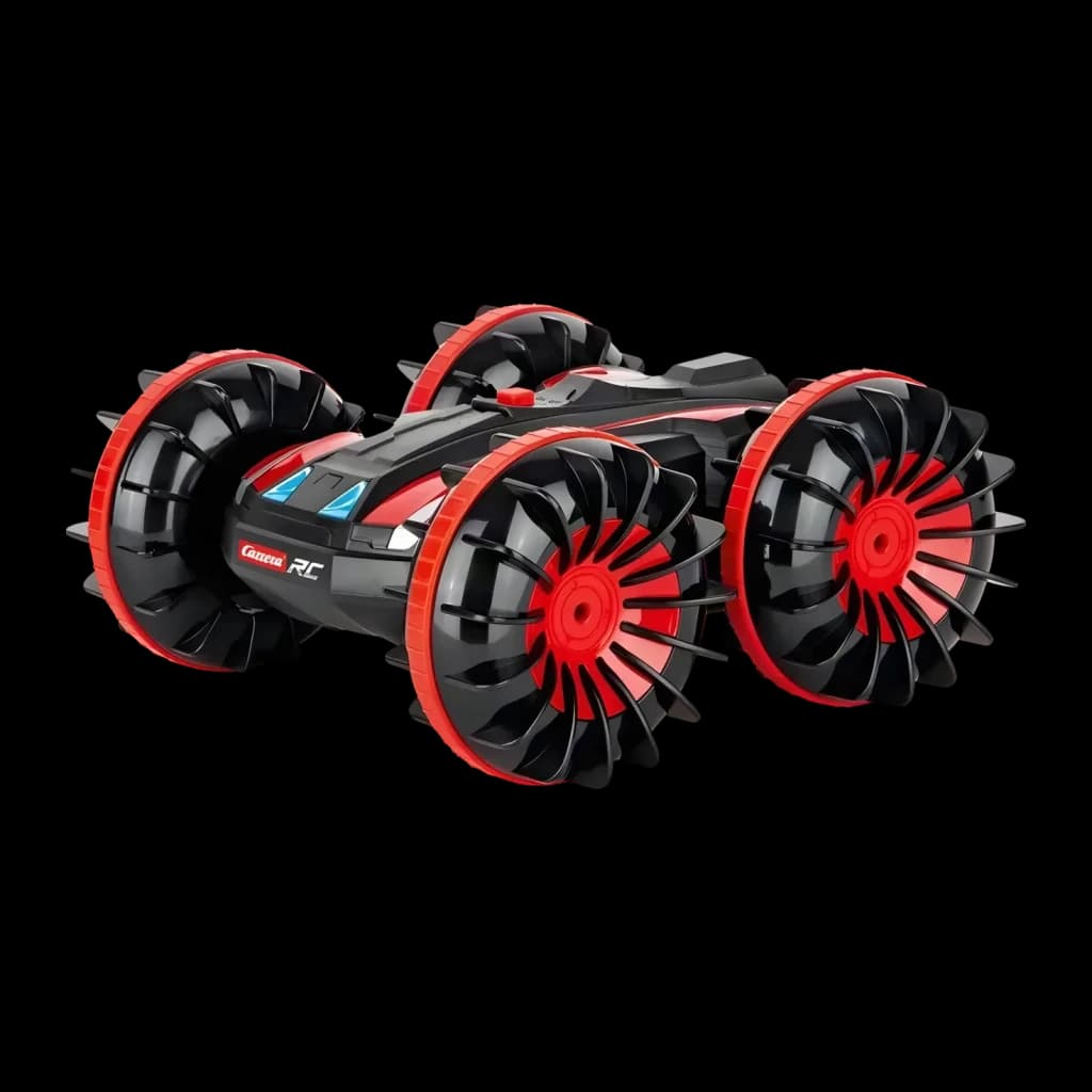 Coche RC Carrera All Terrain Stunt Car 1:16 Rojo 10km/h, vista lateral 3/4: ruedas dentadas rojas y negro, logo Carrera RC