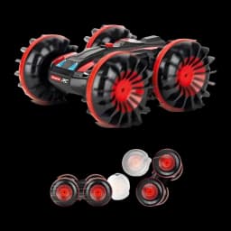 Coche RC Carrera All Terrain Stunt Car 1:16 Rojo 10km/h, vista diagonal: ruedas intercambiables y accesorios incluidos