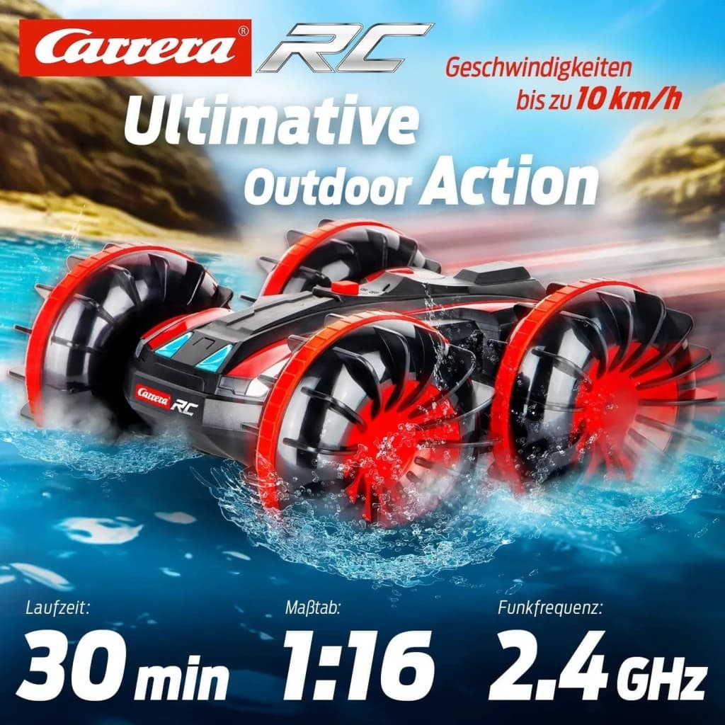 Coche RC Carrera All Terrain Stunt Car 1:16 Rojo 10km/h, acción en agua: ruedas dentadas rojas salpicando agua al circular