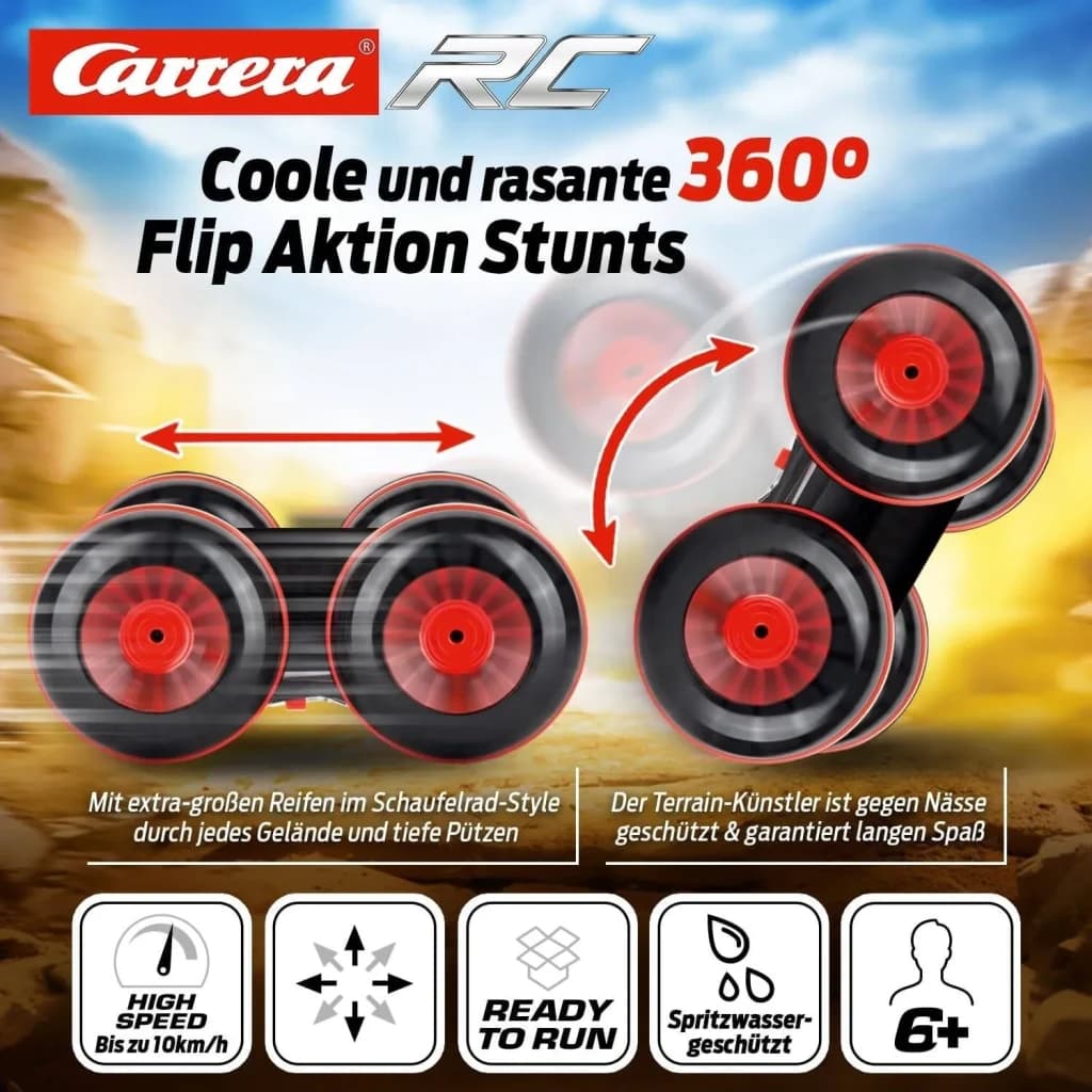 Coche RC Carrera All Terrain Stunt Car 1:16 Rojo 10km/h, infografía: volteretas 360°, ruedas grandes rojas y negras