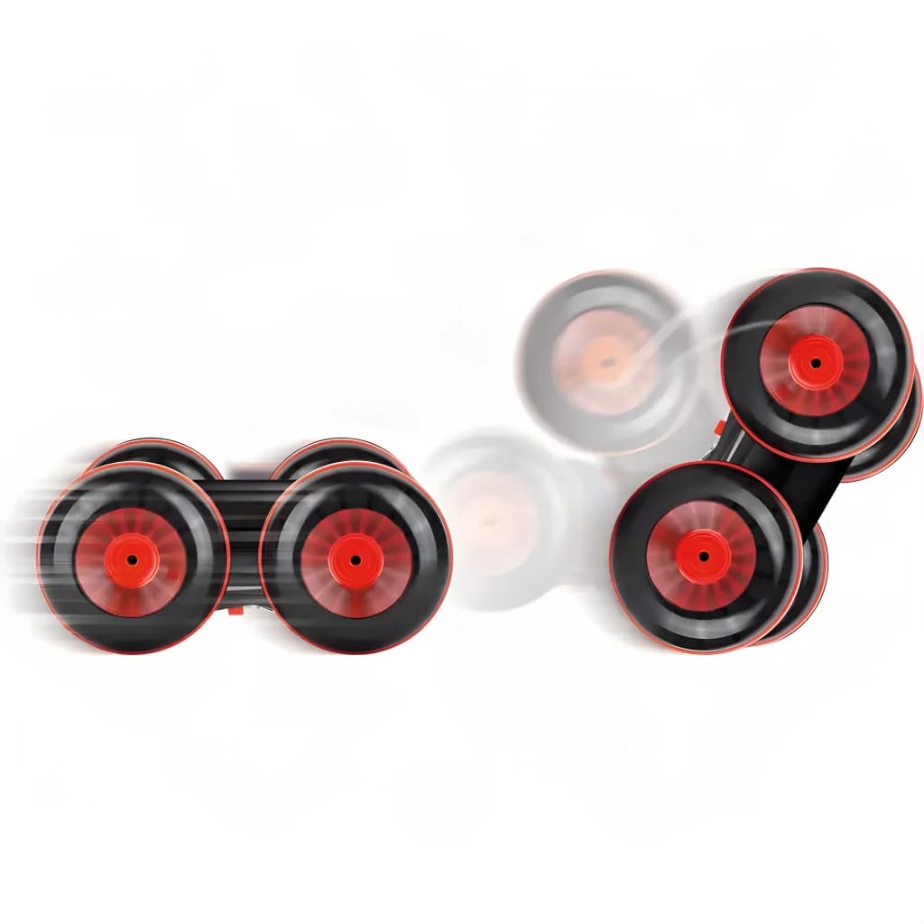 Coche RC Carrera All Terrain Stunt Car 1:16 Rojo 10km/h, detalle: ruedas negras con llantas rojas girando a alta velocidad