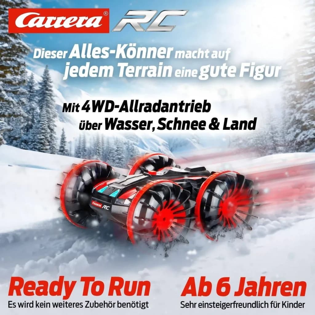 Coche RC Carrera All Terrain Stunt Car 1:16 Rojo 10km/h, acción: ruedas dentadas rojas sobre nieve con tracción 4WD