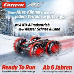 Coche RC Carrera All Terrain Stunt Car 1:16 Rojo 10km/h, acción: ruedas dentadas rojas sobre nieve con tracción 4WD