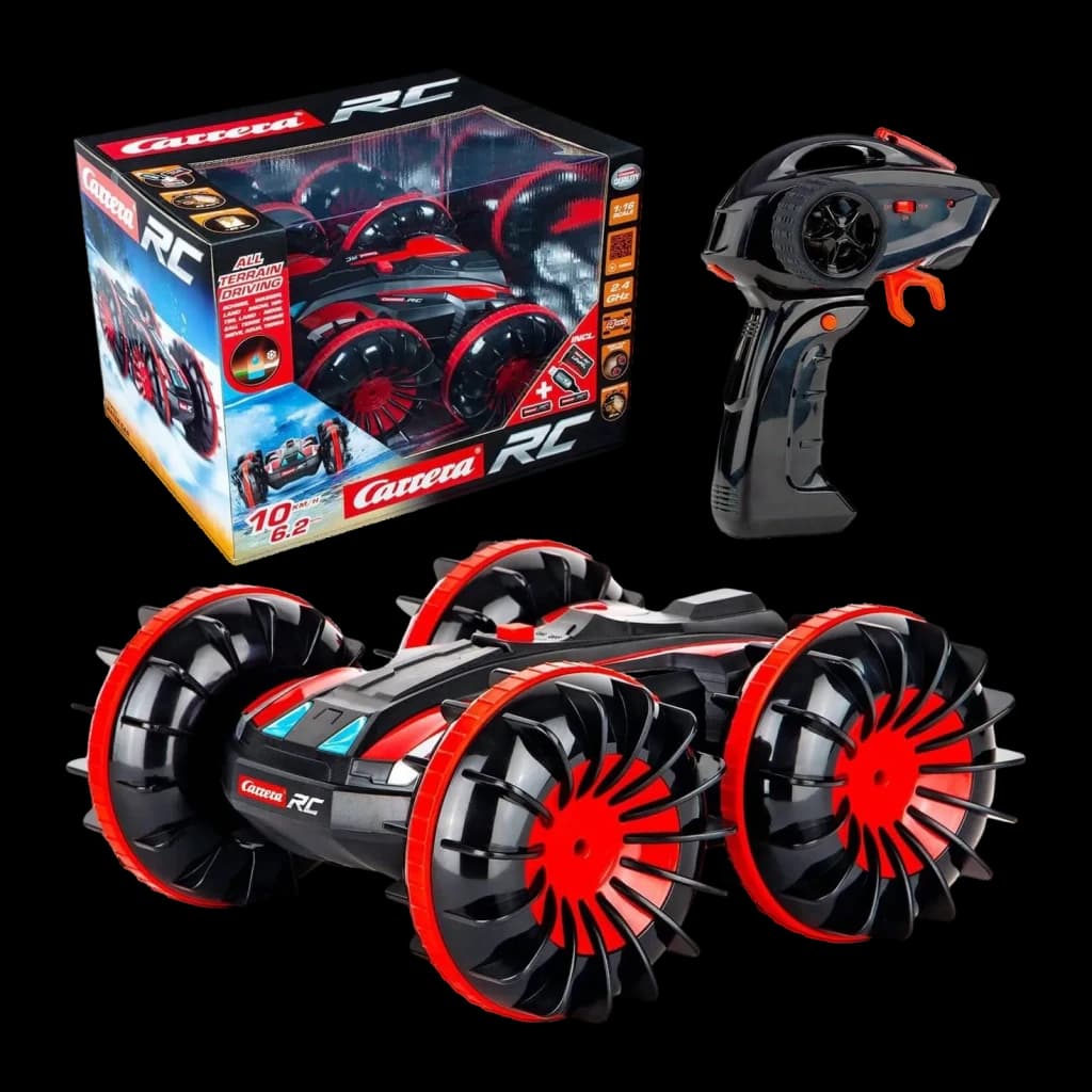 Coche RC Carrera All Terrain Stunt Car 1:16 Rojo 10km/h, contenido: coche con ruedas dentadas rojas, caja y mando incluidos