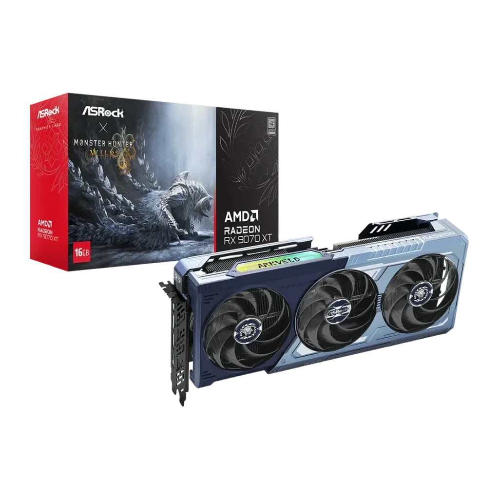 ASRock Radeon RX 9070 XT Monster Hunter Wilds Edition 16 Go GDDR6 Bleu, vue avant avec boîte: triple ventilateur et shroud
