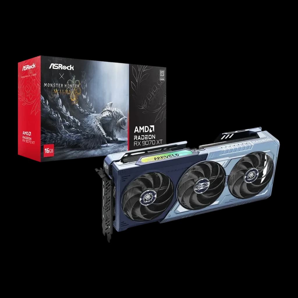 ASRock Radeon RX 9070 XT Monster Hunter Wilds Edition 16 Go GDDR6 Bleu, vue avant avec boîte: triple ventilateur et shroud