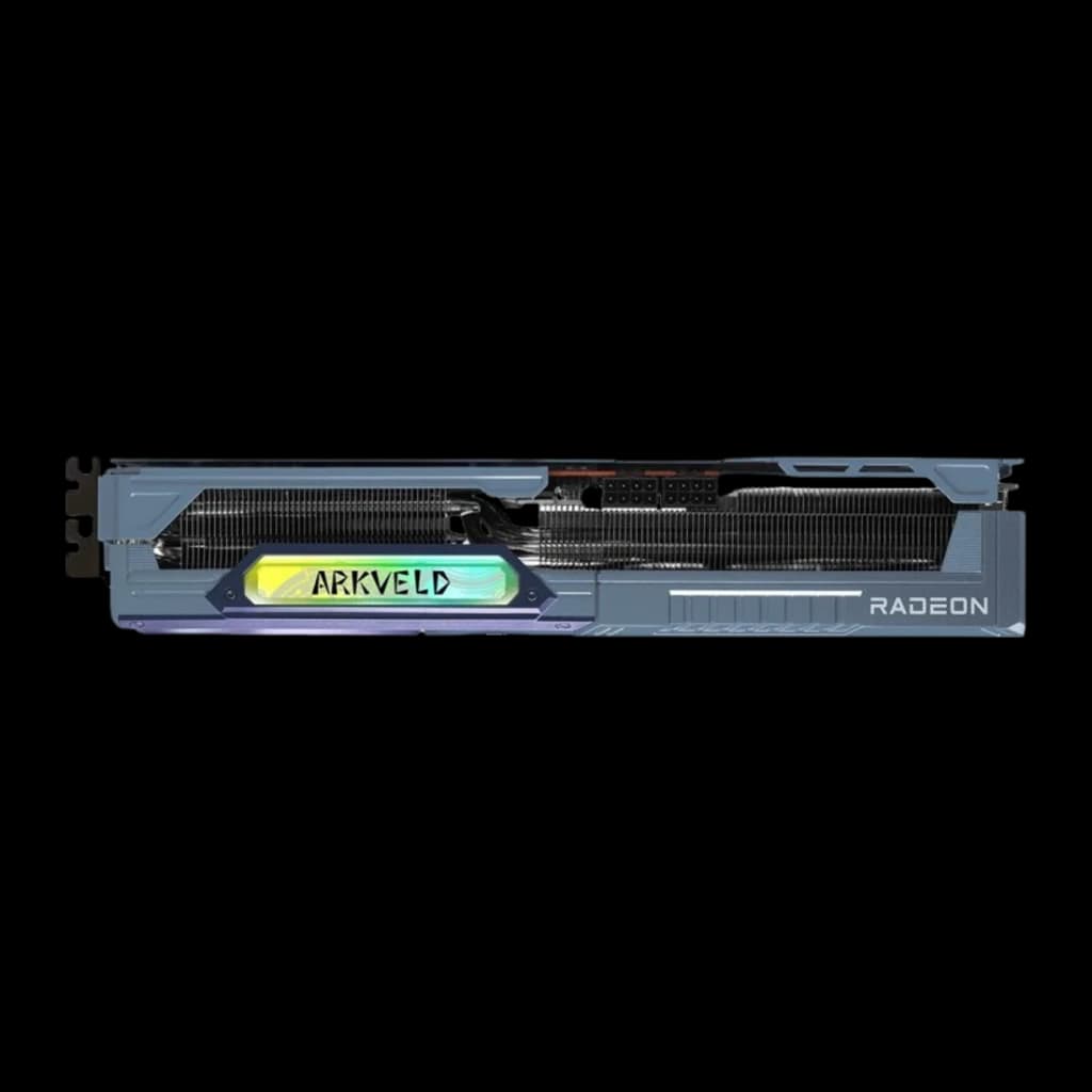 ASRock Radeon RX 9070 XT Monster Hunter Wilds Edition 16 Go GDDR6 Bleu, vue latérale: dissipateur à ailettes, badge ARKVELD