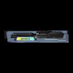 ASRock Radeon RX 9070 XT Monster Hunter Wilds Edition 16 Go GDDR6 Bleu, vue latérale: dissipateur à ailettes, badge ARKVELD
