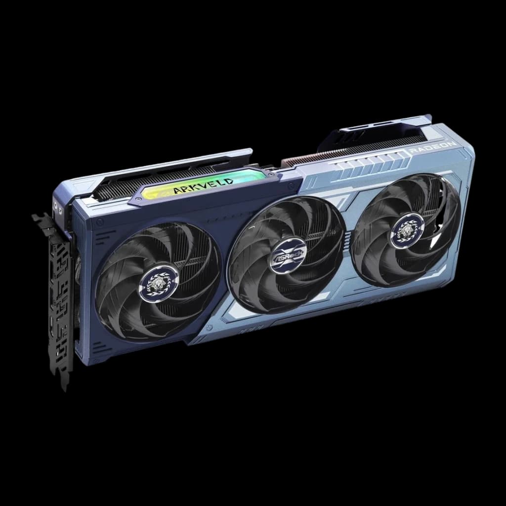 ASRock Radeon RX 9070 XT Monster Hunter Wilds Edition 16 Go GDDR6 Bleu, vue avant en angle: triple ventilateurs, RGB