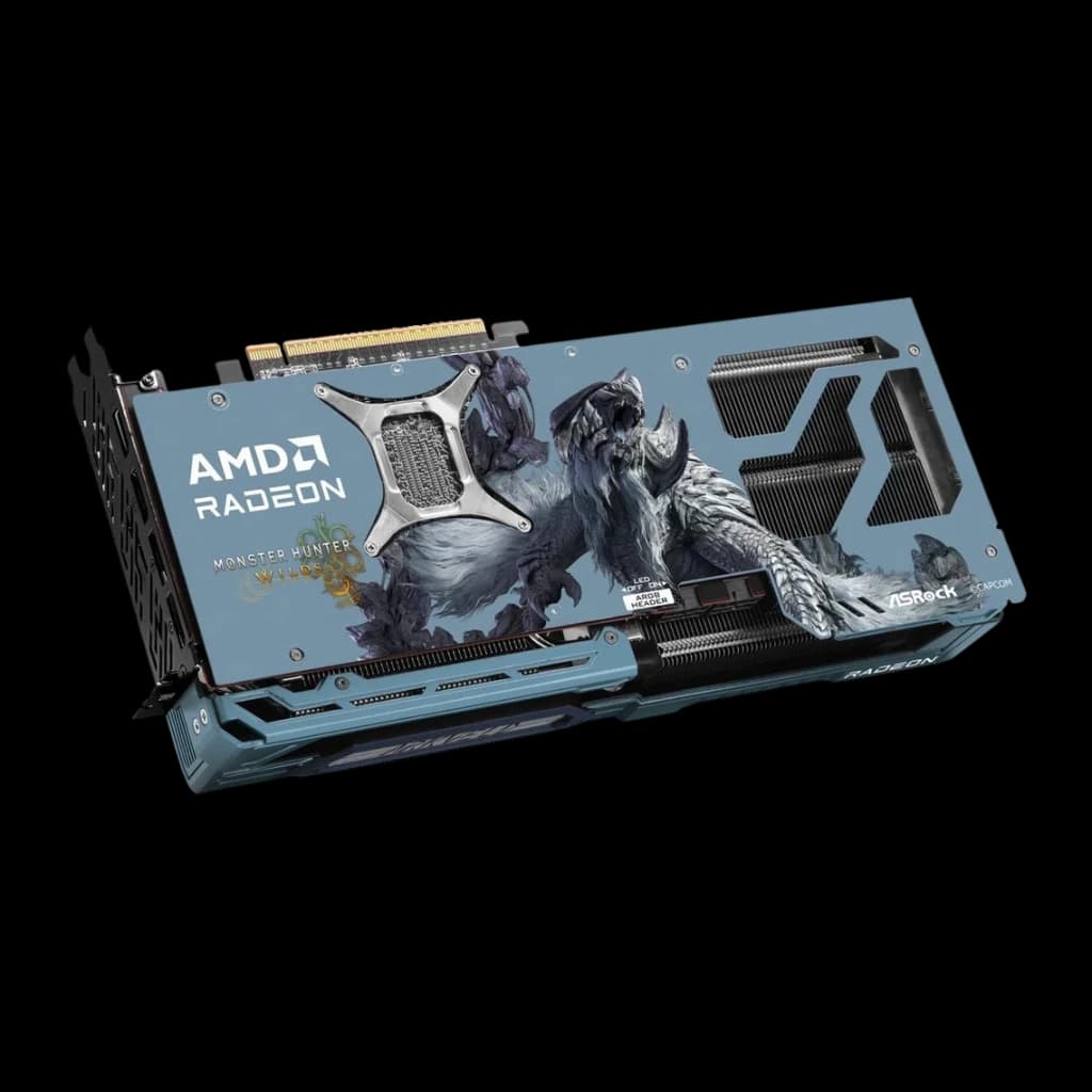 ASRock Radeon RX 9070 XT Monster Hunter Wilds Edition 16 Go GDDR6 Bleu, vue de face en angle: capot avec illustration