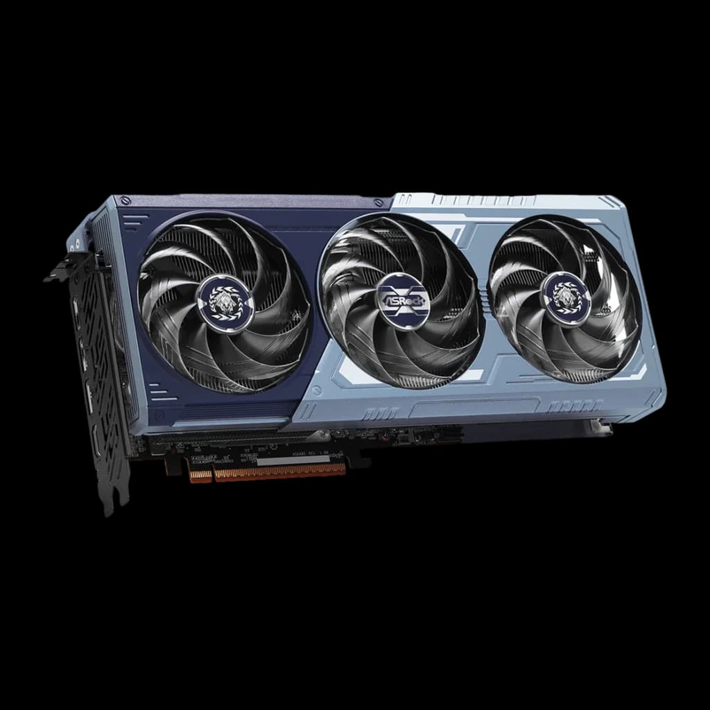 ASRock Radeon RX 9070 XT Monster Hunter Wilds Edition 16 Go GDDR6 Bleu, vue avant en angle: triple ventilateur avec logos