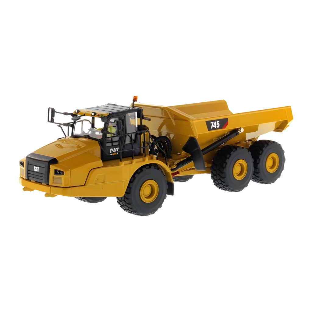 Camión RC Carrera CAT 745 Articulated Truck 1:24 Amarillo 3km/h, vista lateral 3/4: cabina CAT, volquete abierto y 6 ruedas