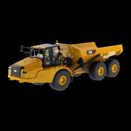 Camion RC Carrera CAT 745 Articulated Truck 1:24 Jaune 3km/h, vue 3/4 latérale: cabine CAT, benne ouverte et 6 roues