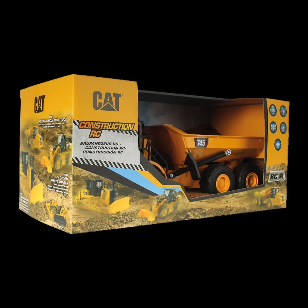 Camion RC Carrera CAT 745 Articulated Truck 1:24 Jaune 3km/h, boîte: packaging jaune CAT avec camion articulé visible