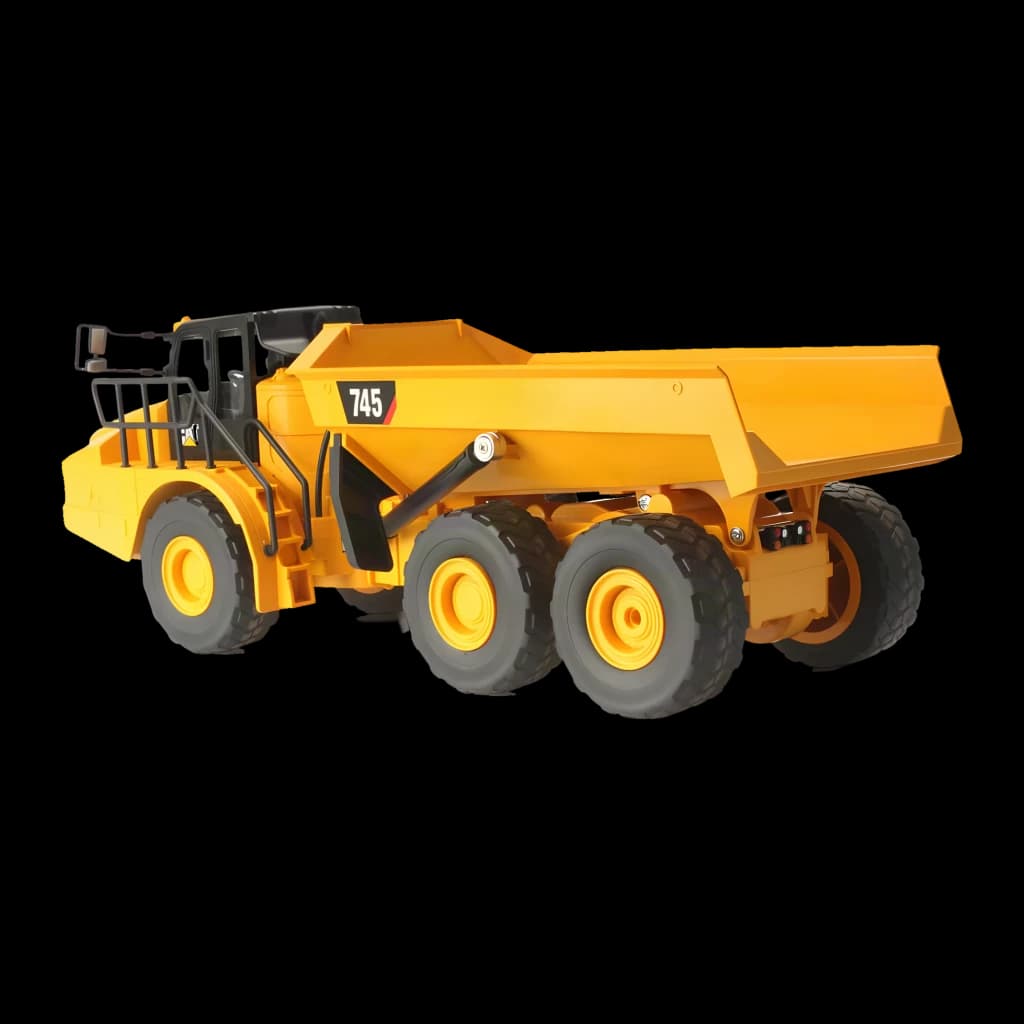 Camion RC Carrera CAT 745 Articulated Truck 1:24 Jaune 3km/h, vue latérale arrière: benne ouverte, cabine noire et 4 roues