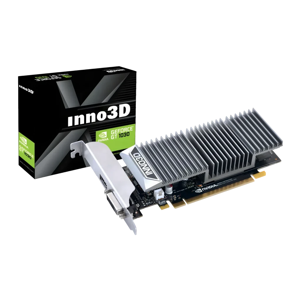Inno3D GeForce GT 1030 2GB GDDR5 Twin X2 OC Gris, vista frontal oblicua: disipador pasivo con aletas y caja del producto
