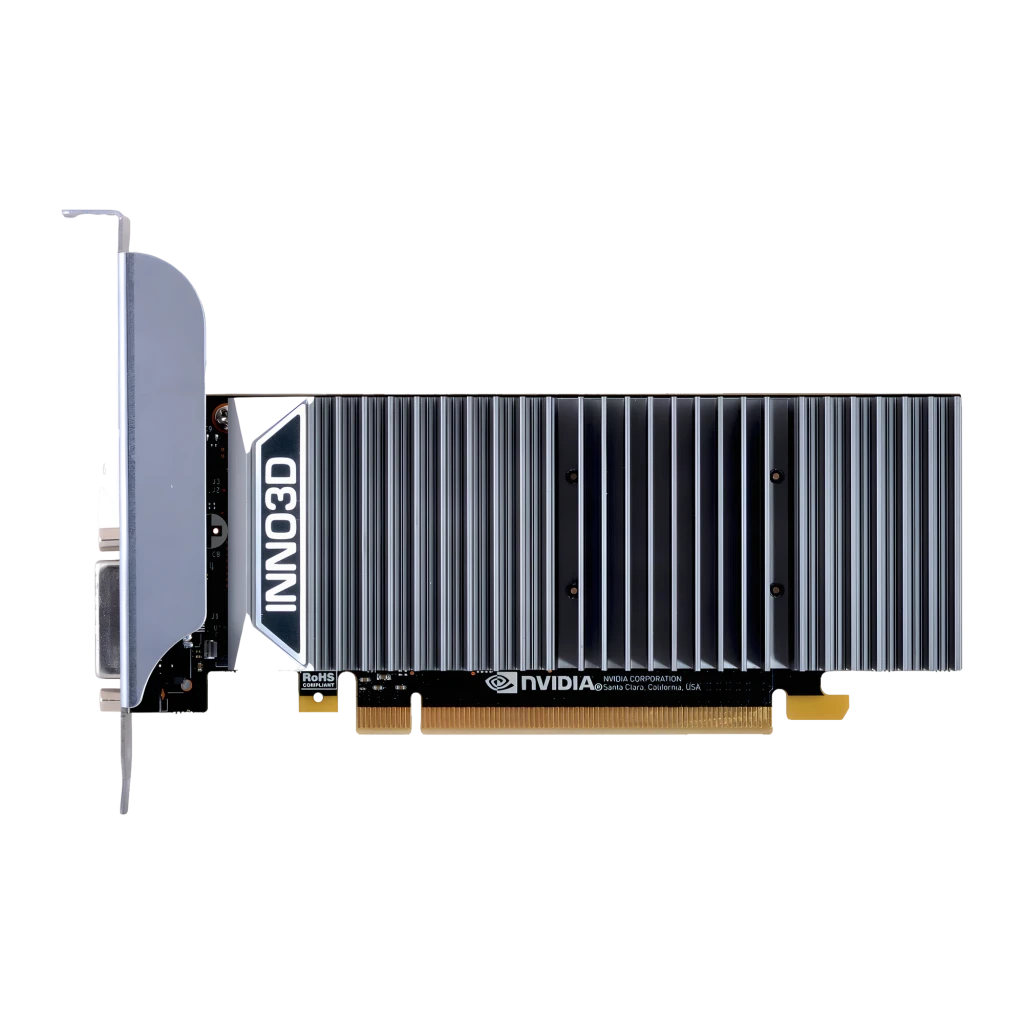 Inno3D GeForce GT 1030 2GB GDDR5 Twin X2 OC Gris, vista lateral: disipador pasivo con aletas verticales y bracket con puertos