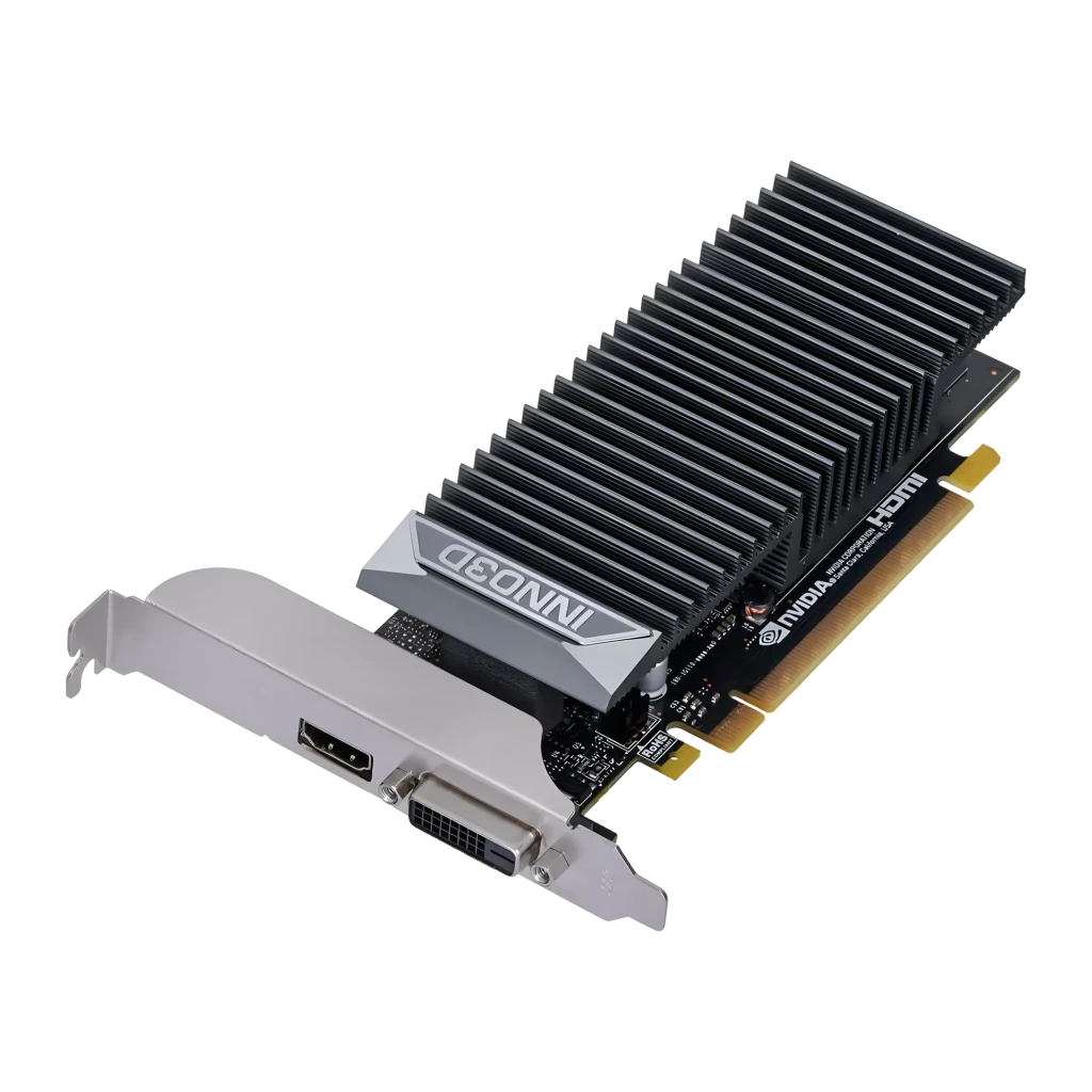 Inno3D GeForce GT 1030 2GB GDDR5 Twin X2 OC Gris, vista lateral: disipador pasivo de aletas negras, bracket con puertos HDMI