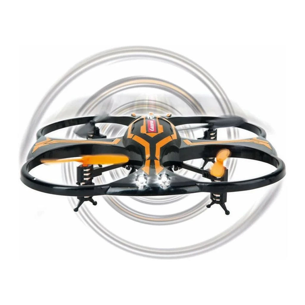 Drone Carrera RC X2 Quadcopter Naranja, vista frontal: cuerpo negro y naranja, hélices girando, luces LED frontales