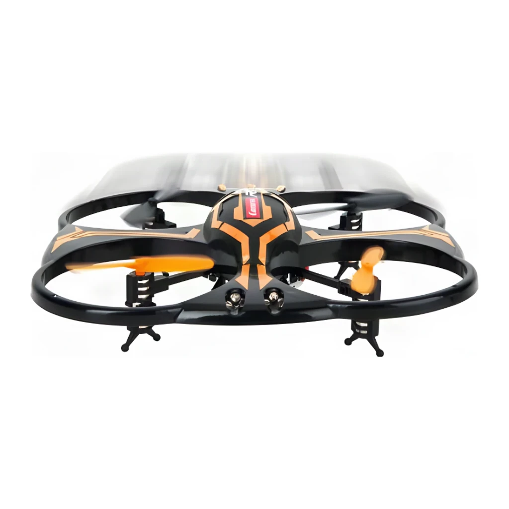 Drone Carrera RC X2 Quadcopter Naranja, vista frontal-inferior: cuerpo negro con detalles naranja, hélices y protectores