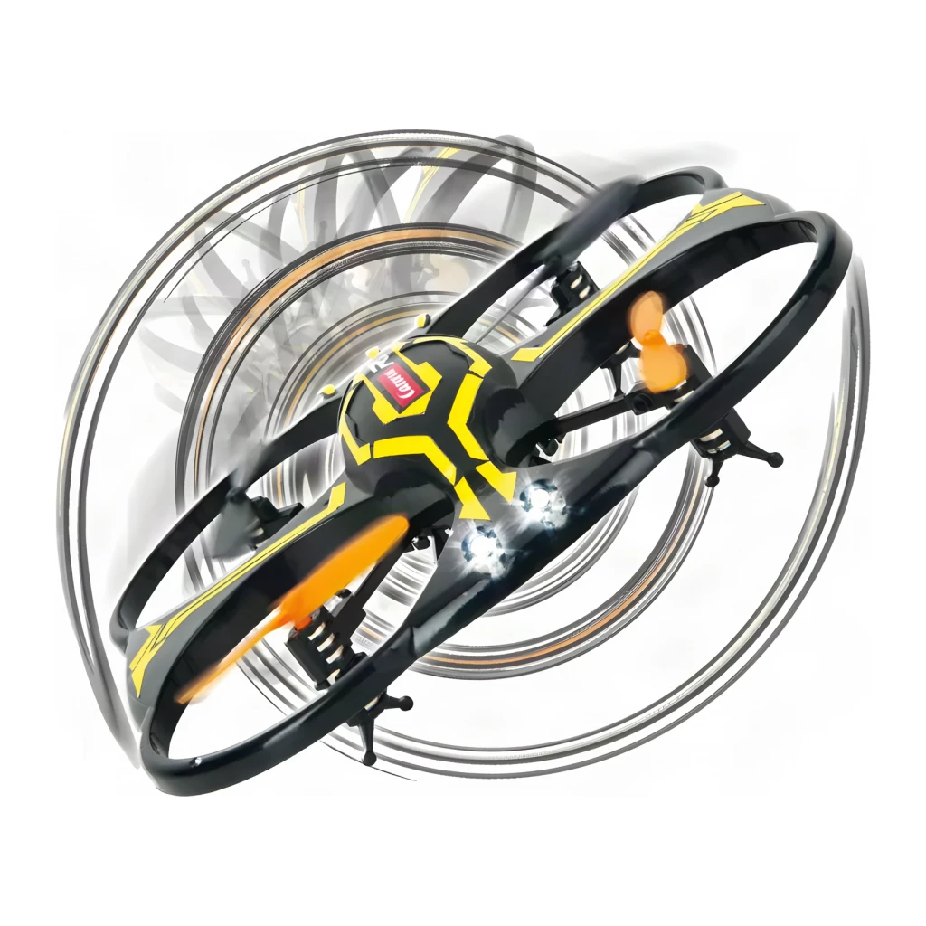 Drone Carrera RC X2 Quadcopter Naranja, vista en ángulo: cuerpo negro con detalles amarillos, hélices naranjas y jaula