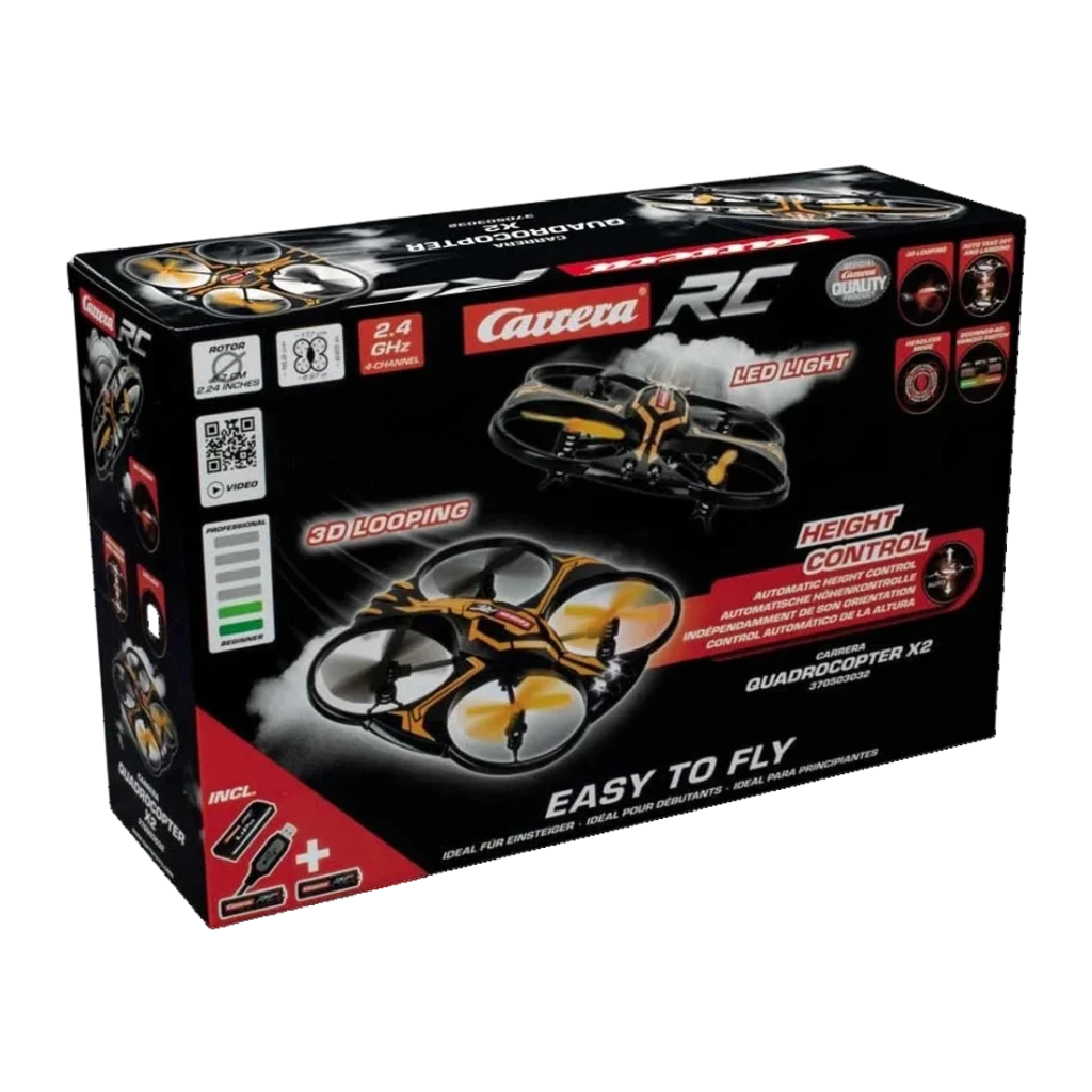 Drone Carrera RC X2 Quadcopter Naranja, caja: packaging negro con drone naranja, LED light, 3D looping y height control