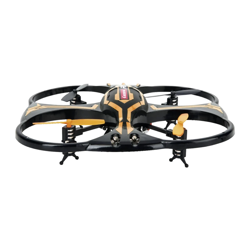 Drone Carrera RC X2 Quadcopter Naranja, vista frontal: cuerpo negro con aspas naranjas y protectores de hélices visibles